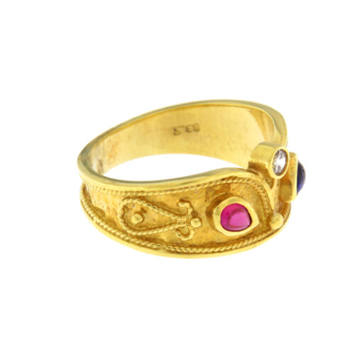 Byzantine ring with white zircon sapphire and ruby ​​- RNG1089
