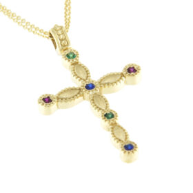 Val'oro baptismal Byzantine cross for girl gold with colored zircons K14 – H0210K-CL