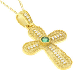 Baptismal Byzantine cross for girl gold with green and white zircons K14 – STAVR295