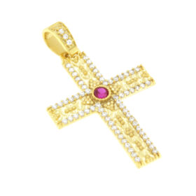 Baptismal Byzantine cross for girl gold with pink and white zircons K14 – STAVR294