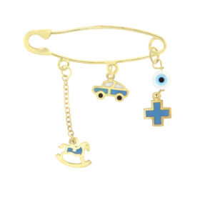 Children's safety pin for boy with a car, horse, cross and evil eye K9 – PAR104
