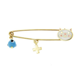 Children's safety pin for a girl with a cross, a cat and an evil eye K9 gold – PAR096