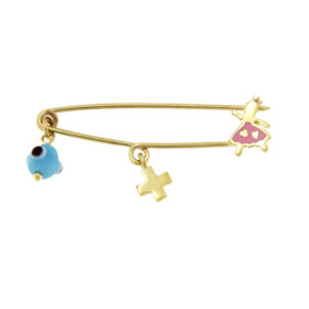 Children's safety pin for girl with cross, ballerina and evil eye K9 gold – PAR095
