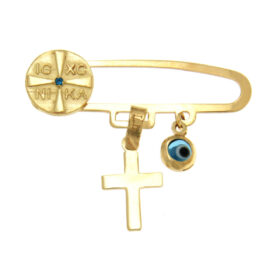 Children's safety pin with cross, evil eye and Constantine gold K14 – PAR094