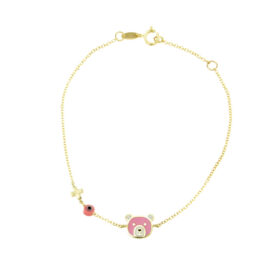 Children's bracelet for girls with a teddy bear, a cross and a pink evil eye K9 gold - BRAX125