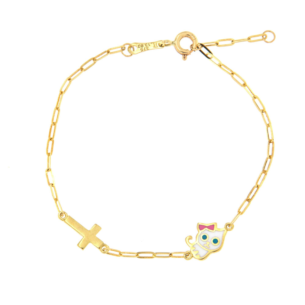 Βραχιόλι παιδικό για κορίτσι με γατούλα και σταυρουδάκι χρυσό Κ9 – BRAX145