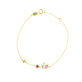 Children's bracelet for girls with bee, cross and pink evil eye K9 gold – BRAX129