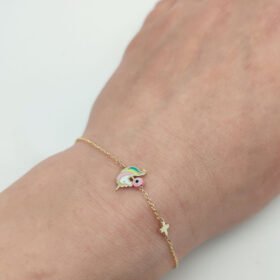 Children's bracelet for girls with a unicorn, a cross and a pink evil eye K9 gold – BRAX124