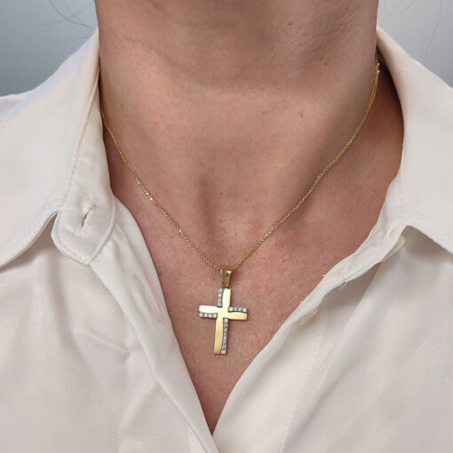 Βαπτιστικός σταυρός για κορίτσι διπλής όψης δίχρωμος με ζιργκόν Κ14 – STAVR333