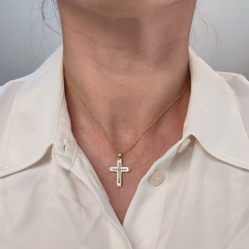 Βαπτιστικός σταυρός για κορίτσι δίχρωμος διπλής όψης με ζιργκόν Κ14 – STAVR342