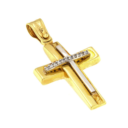 Filva βαπτιστικός σταυρός για κορίτσι δίχρωμος διπλής όψης με ζιργκόν Κ14 – STAVR371