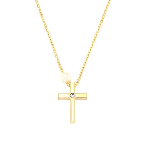 Γυναικείος σταυρός με ζιργκόν και μαργαριτάρι χρυσός Κ14 – STAVR374