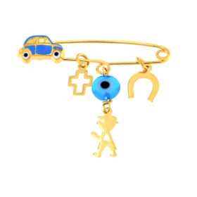 Παιδική παραμάνα για αγόρι με αμαξάκι, σταυρό, αγοράκι, πέταλο και ματάκι Κ9 χρυσή – PAR117