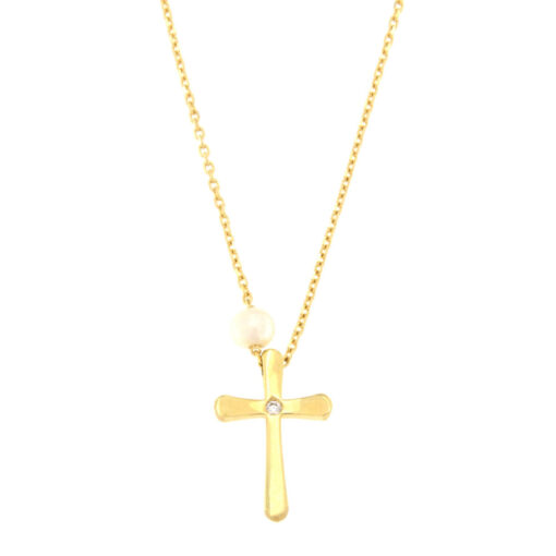 Γυναικείος σταυρός με ζιργκόν και μαργαριτάρι χρυσός Κ14 – STAVR379