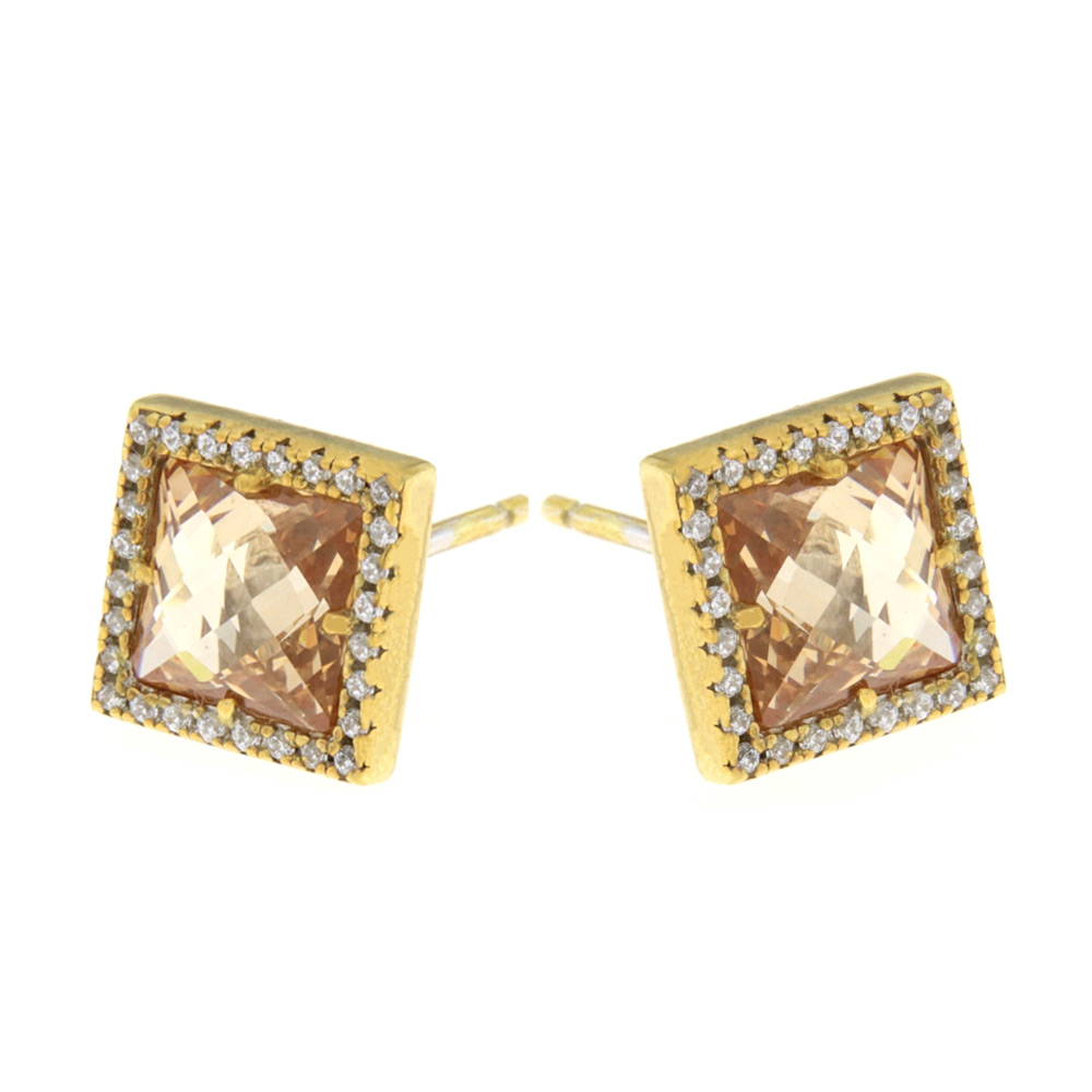 Ασημένια επιχρυσωμένα σκουλαρίκια ροζέτα 925 με καφέ ζιργκόν – ERS033