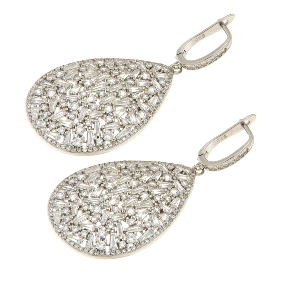 Silver Point ασημένια σκουλαρίκια 925 κρεμαστά πετράτα με λευκά ζιργκόν και παγιέτες - ER76145