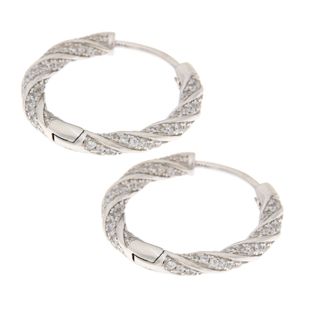 Silver Point ασημένια σκουλαρίκια 925 στριφτοί πετράτοι κρίκοι με ζιργκόν - ER76145