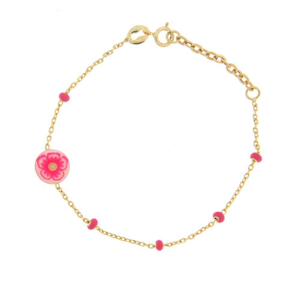 Βραχιόλι παιδικό για κορίτσι με 5 ροζ χάντρες και ένα ροζ λουλούδι από υγρό γυαλί χρυσό Κ14 – BRAX268