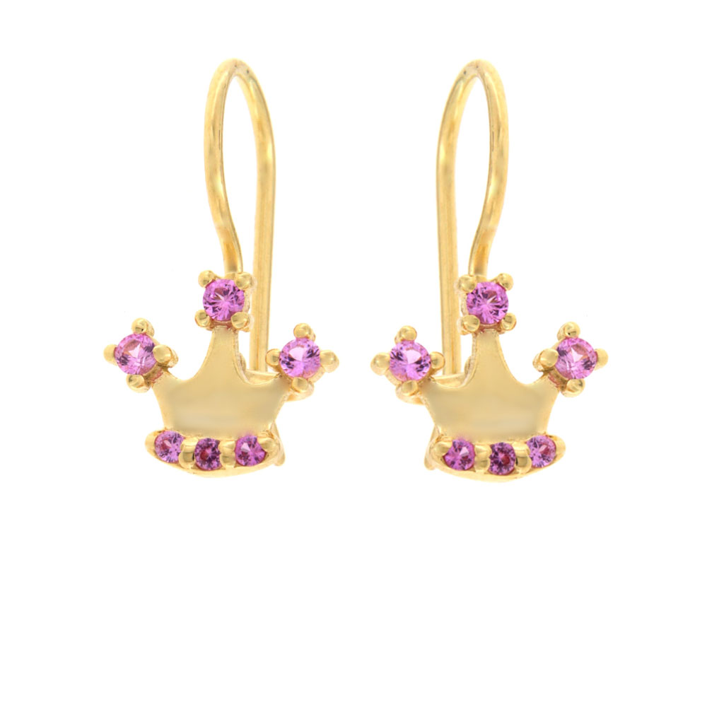 Σκουλαρίκια κρεμαστά παιδικά κορώνα με ροζ ζιργκόν χρυσά 9Κ – SK573