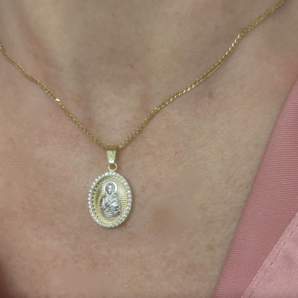 Φυλαχτό με Παναγία και Χριστούλι και μικρά ζιργκόν χρυσό K14 – PAN110