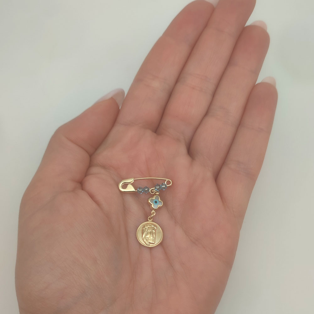 Παραμάνα με τον Χριστό, με ένα σταυρουδάκι ματάκι και τέσσερις γαλάζιες χάντρες χρυσή Κ9 – PAR163