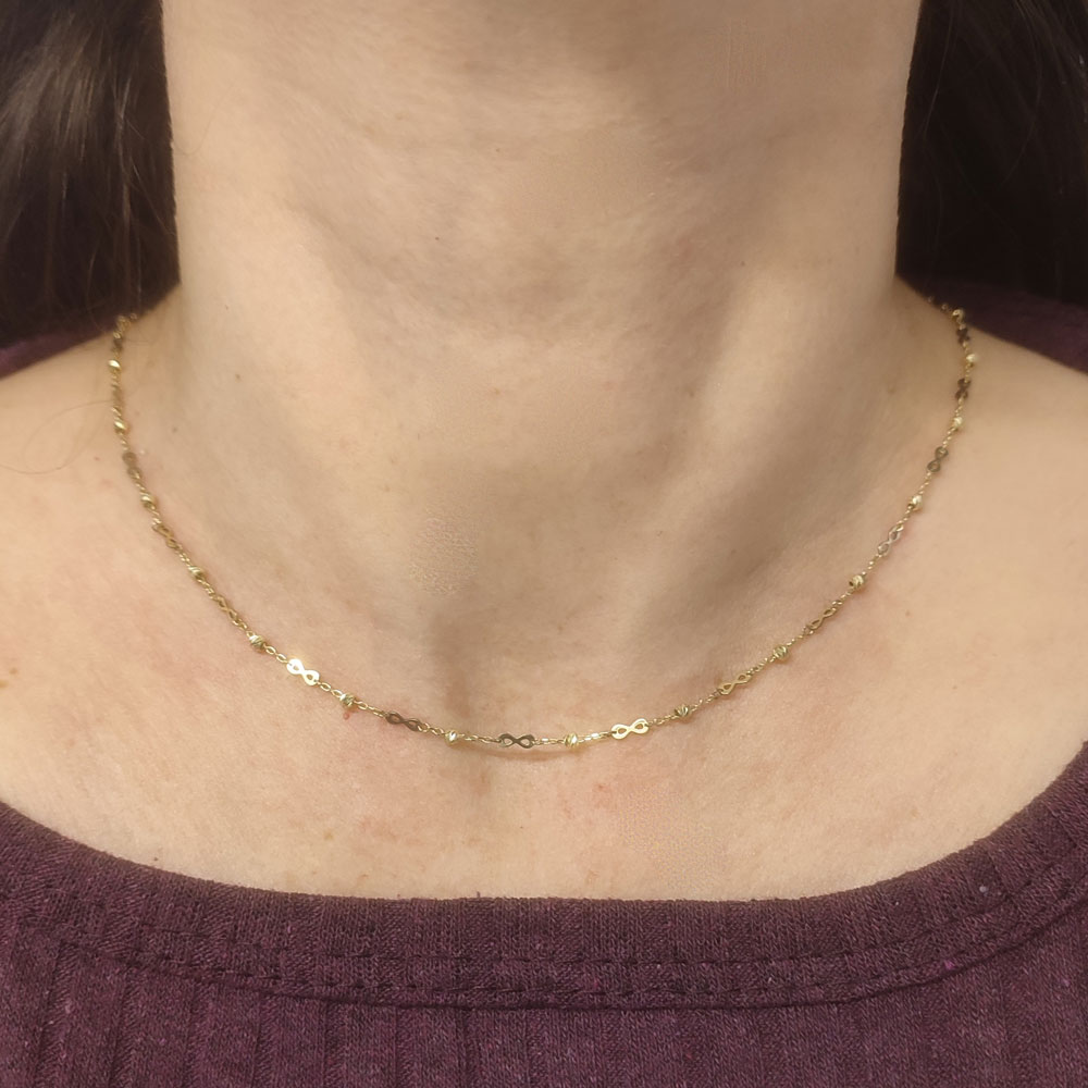 Κολιέ με διαμανταρισμένες μπίλιες και λευκόχρυσα στοιχεία με το άπειρο χρυσό Κ14 – CHN054