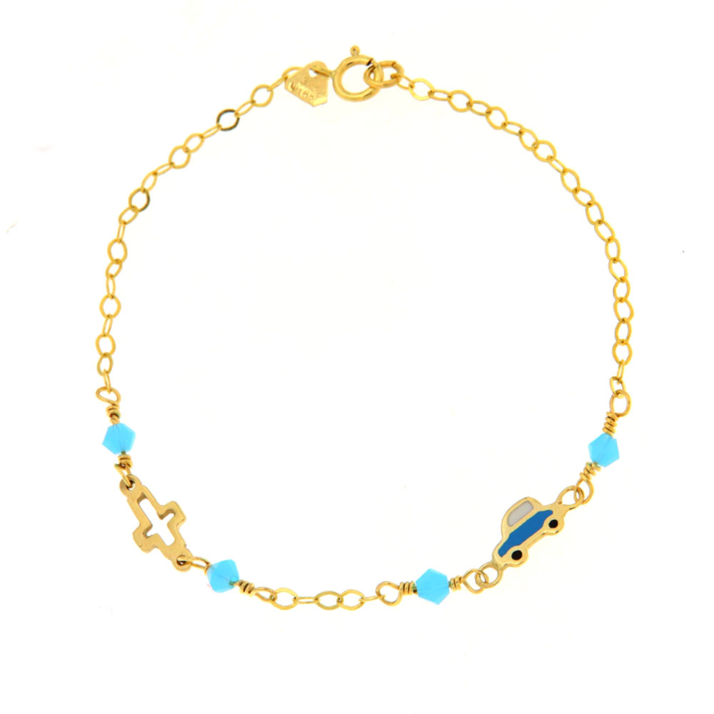 Βραχιόλι παιδικό για αγόρι με αμαξάκι, σταυρό και γαλάζιες χαντρούλες χρυσό Κ9 – BRAX463