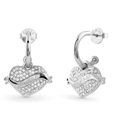 GUESS STEEL VINTAGE GUESS JUBE05477JWRHT/U Σκουλαρίκια Ασημένια Με Καρδιές Με Πέτρες Και Λογότυπο
