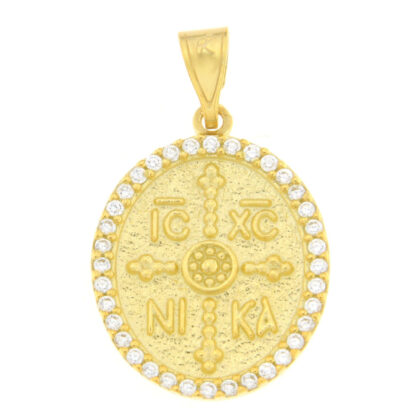 Μενταγιόν Κωνσταντινάτο διπλής όψης με λευκά ζιργκόν χρυσό Κ9 – KON170