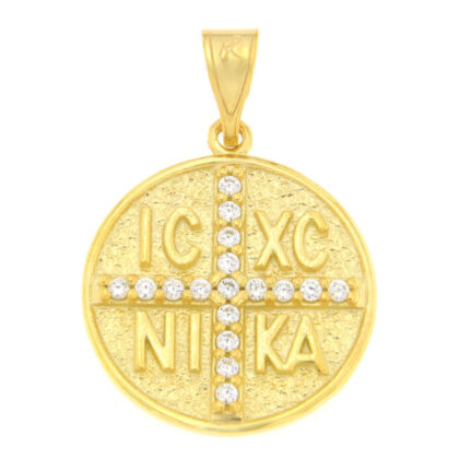 Μενταγιόν Κωνσταντινάτο διπλής όψης με λευκά ζιργκόν χρυσό Κ9 – KON171