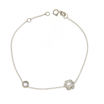 Βραχιόλι μοντέρνο με λευκό ζιργκόν και μία ροζέτα με μαργαριτάρι λευκόχρυσο Κ9 – BRAX572
