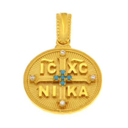 Μενταγιόν Κωνσταντινάτο διπλής όψης με λευκό και γαλάζια ζιργκόν χρυσό Κ9 – KON193