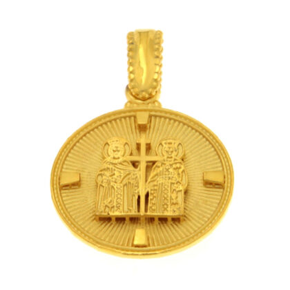 Μενταγιόν Κωνσταντινάτο διπλής όψης με λευκό και γαλάζια ζιργκόν χρυσό Κ9 – KON193