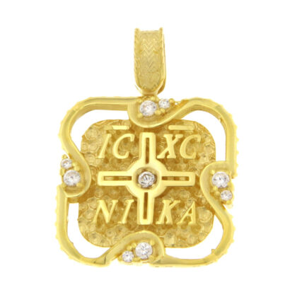 Μενταγιόν Κωνσταντινάτο διπλής όψης με λευκά ζιργκόν χρυσό Κ9 – KON180