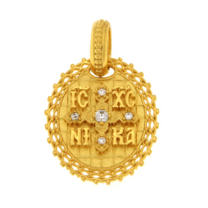 Μενταγιόν Κωνσταντινάτο διπλής όψης με λευκά ζιργκόν χρυσό Κ9 – KON184