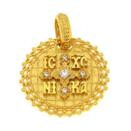 Μενταγιόν Κωνσταντινάτο διπλής όψης με λευκά ζιργκόν χρυσό Κ9 – KON185