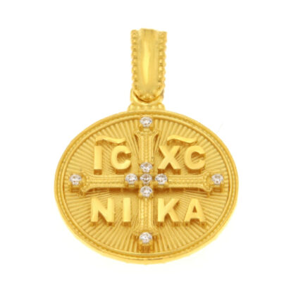 Μενταγιόν Κωνσταντινάτο διπλής όψης με λευκά ζιργκόν χρυσό Κ9 – KON187