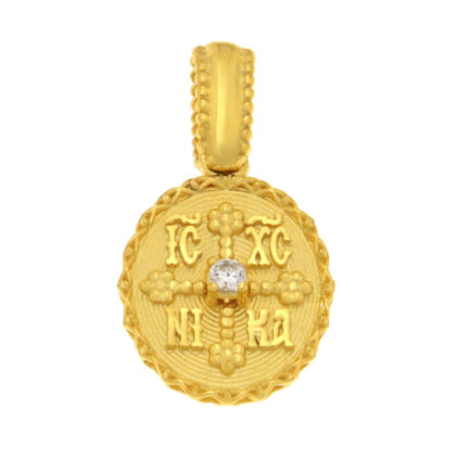 Μενταγιόν Κωνσταντινάτο διπλής όψης με λευκά ζιργκόν χρυσό Κ9 – KON190