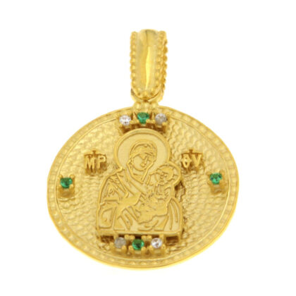 Μενταγιόν Κωνσταντινάτο διπλής όψης με Παναγία, σταυρό και πράσινα και λευκά ζιργκόν χρυσό Κ9 – KON192