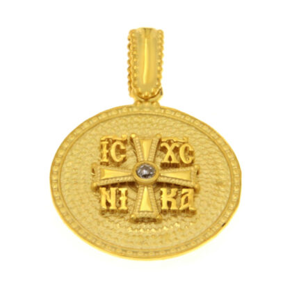 Μενταγιόν Κωνσταντινάτο διπλής όψης με Παναγία, σταυρό και πράσινα και λευκά ζιργκόν χρυσό Κ9 – KON192