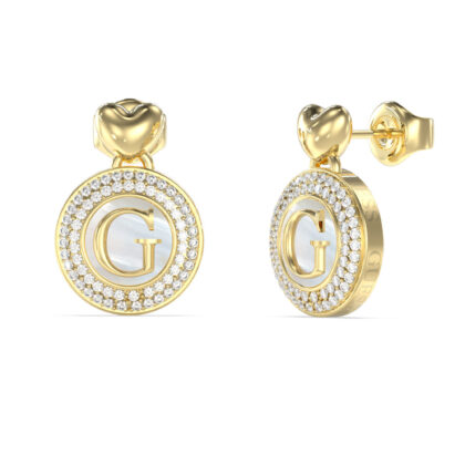 GUESS STEEL G TALISMAN JUBE06203JWYGT/U Σκουλαρίκια Χρυσά Με Λογότυπο Με Πέτρες Και Καρδιές