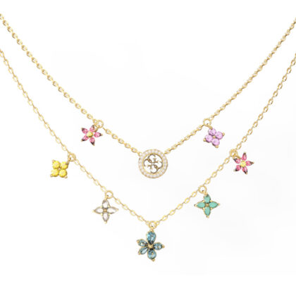 GUESS STEEL SECRET GARDEN JUBN06028JWYGMCT/U Κολιέ Χρυσό Με Διπλή Αλυσίδα Με Πολύχρωμα Λουλούδια Και Λογότυπο