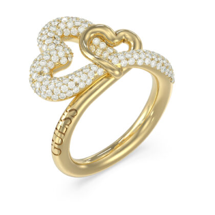 GUESS STEEL LOVE BITES JUBR06055JWYG-No.52 Δαχτυλίδι Χρυσό Με Καρδιές Με Πέτρες